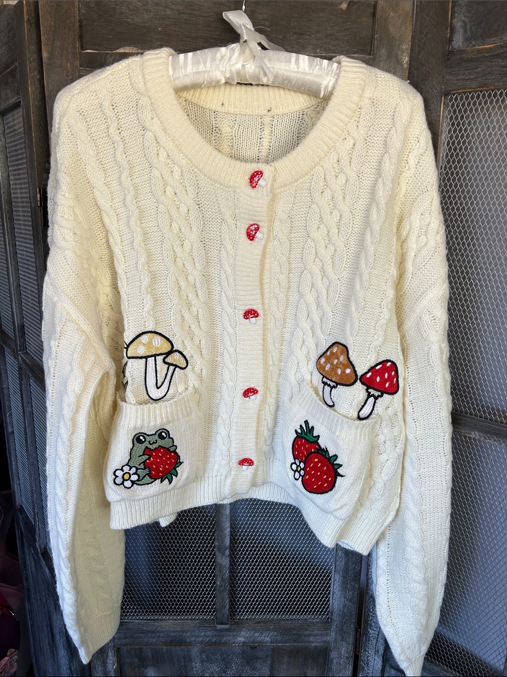 Cream Cable Knit Cardigan Sweater with Strawberry & Mushroom Embroidery
